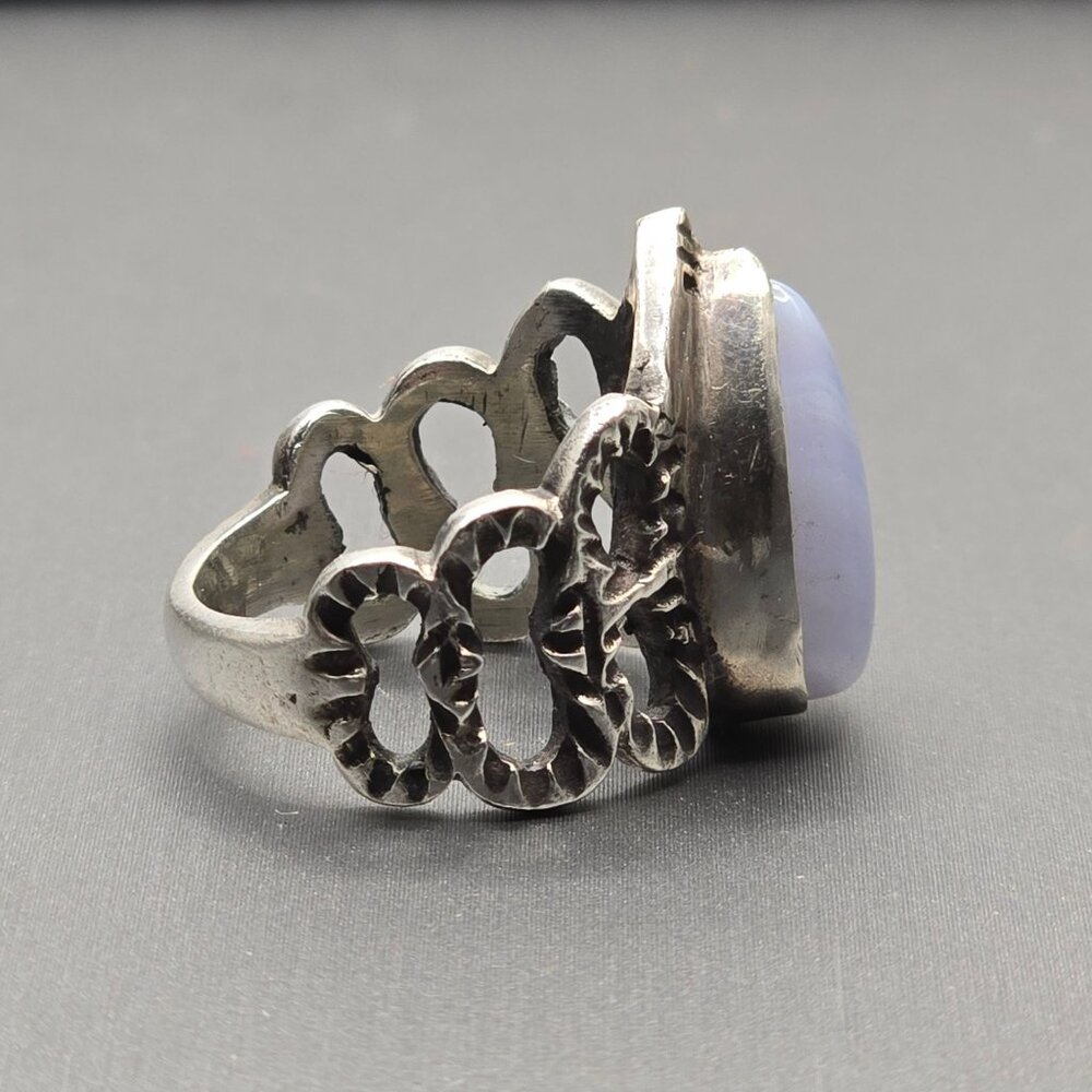 VTG Sterling Silver Teardrop Blue Lace Agate Ring Size 6.5 Cut-Out Link Band - Picture 5 of 11